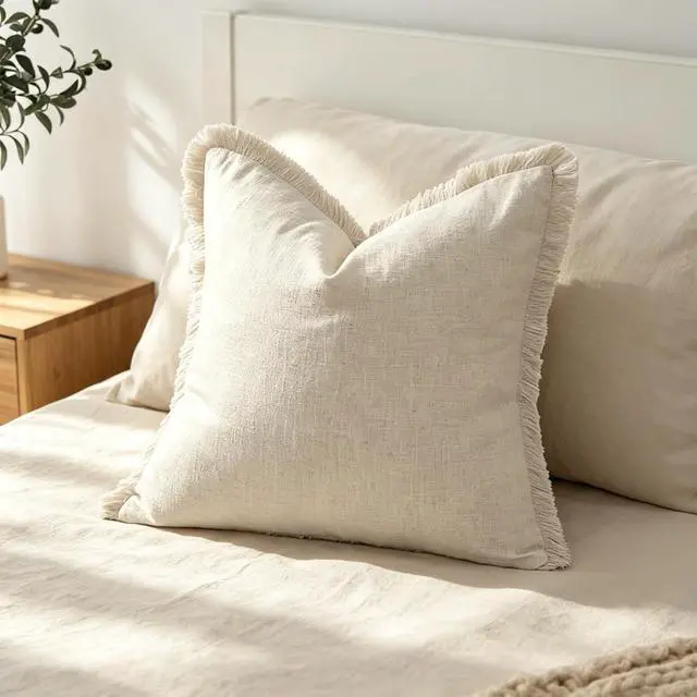 Alt view image 5 of 7 - Fringe Throw Pillow Covers (Beige, 18x18 Inch)