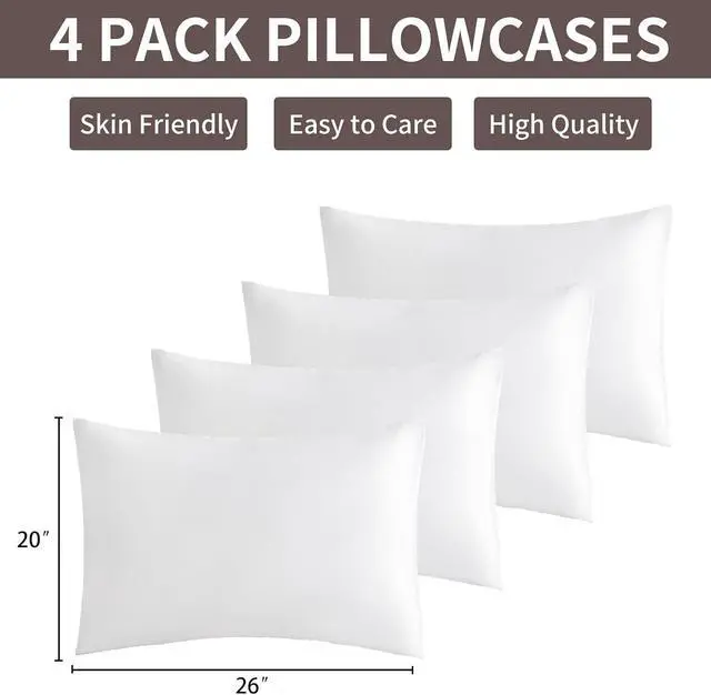 Alt view image 3 of 6 - White Pillow Cases Standard Size Set of 4 - Super Soft, Smooth and Breathable Standard Pillow Cases- Envelope Design - Machine Washable Lightweight (20X26 Inches (4 Piece))