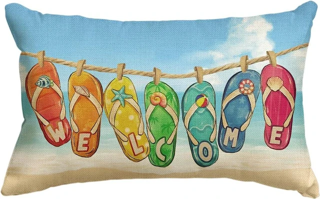 Main image of Flip Flop Beach Summer Throw Pillow Cover, 12 x 20 Inch Sea Welcome Cushion Case Decoration for Sofa Couch Holiday Seasonal Home Decor