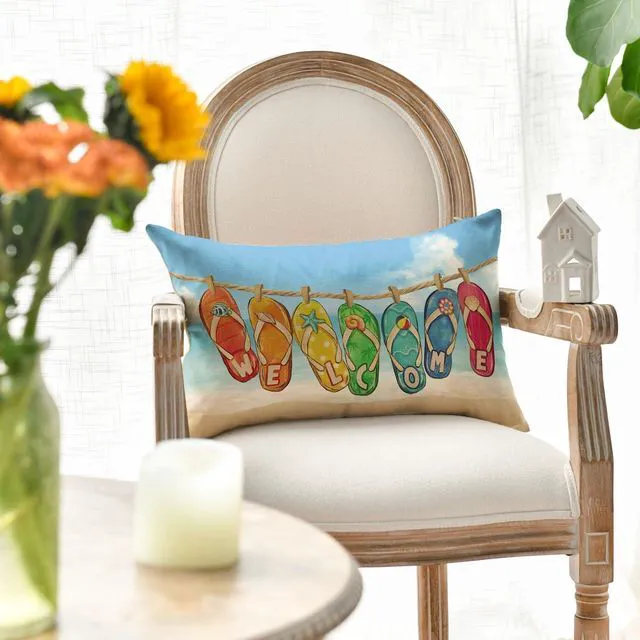 Alt view image 2 of 7 - Flip Flop Beach Summer Throw Pillow Cover, 12 x 20 Inch Sea Welcome Cushion Case Decoration for Sofa Couch Holiday Seasonal Home Decor