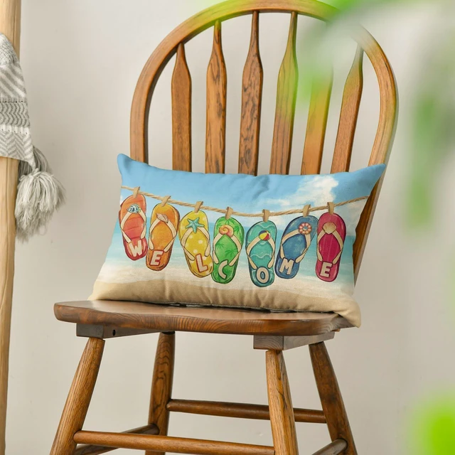 Alt view image 3 of 7 - Flip Flop Beach Summer Throw Pillow Cover, 12 x 20 Inch Sea Welcome Cushion Case Decoration for Sofa Couch Holiday Seasonal Home Decor