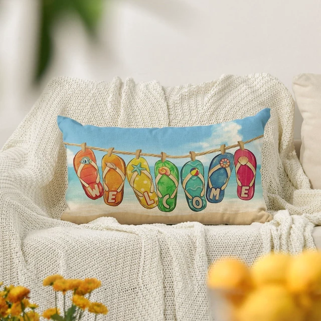 Alt view image 5 of 7 - Flip Flop Beach Summer Throw Pillow Cover, 12 x 20 Inch Sea Welcome Cushion Case Decoration for Sofa Couch Holiday Seasonal Home Decor