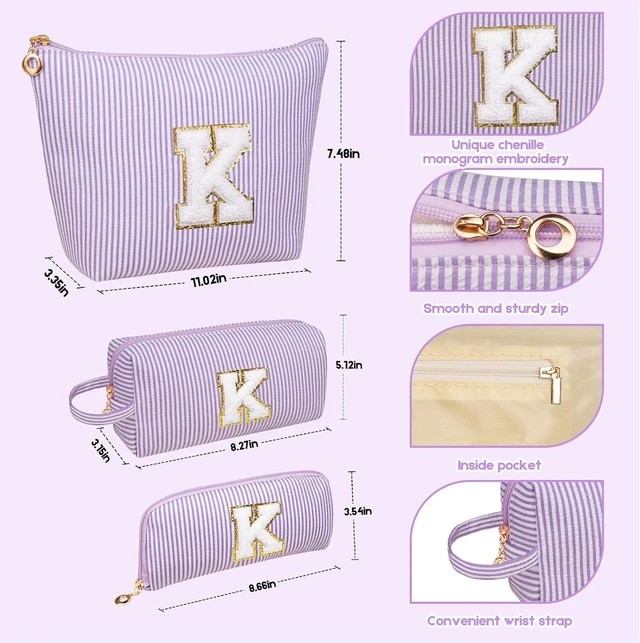 Alt view image 2 of 4 - Personalized Initial Makeup Bag, Embroidered Stripe Travel Cosmetic Case, Large & Small Pouch Set for Women