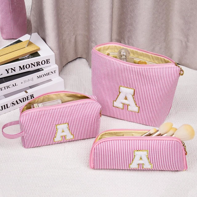 Alt view image 4 of 4 - Personalized Initial Makeup Bag, Embroidered Stripe Travel Cosmetic Case, Large & Small Pouch Set for Women