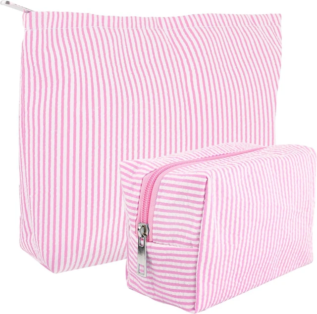 Main image of 2 Pcs Seersucker Makeup Bag Set for Women,Pink Striped Cosmetic Pouch with Zipper,Travel Toiletry Bag and Small Makeup Pouch, Aesthetic Skincare Organizer for Cosmetics,Brushes,Accessories(Rose Pink)