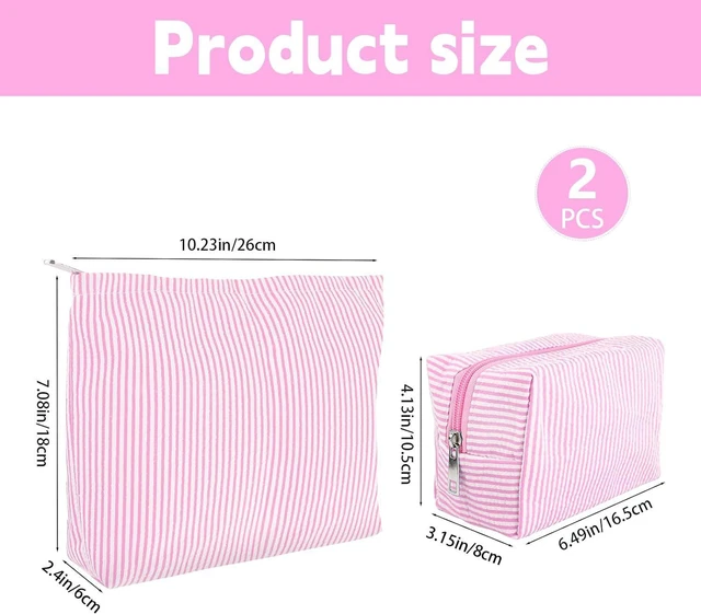 Alt view image 2 of 6 - 2 Pcs Seersucker Makeup Bag Set for Women,Pink Striped Cosmetic Pouch with Zipper,Travel Toiletry Bag and Small Makeup Pouch, Aesthetic Skincare Organizer for Cosmetics,Brushes,Accessories(Rose Pink)