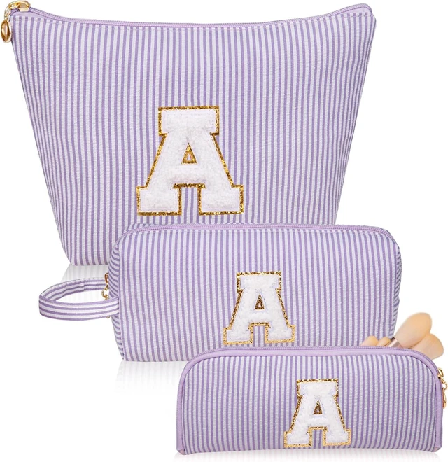 Main image of Personalized Initial Makeup Bag, Embroidered Stripe Travel Cosmetic Case, Large & Small Pouch Set for Women