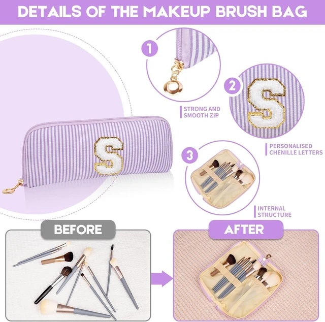 Alt view image 3 of 4 - Personalized Initial Makeup Bag, Embroidered Stripe Travel Cosmetic Case, Large & Small Pouch Set for Women