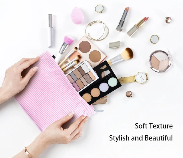 Alt view image 4 of 6 - 2 Pcs Seersucker Makeup Bag Set for Women,Pink Striped Cosmetic Pouch with Zipper,Travel Toiletry Bag and Small Makeup Pouch, Aesthetic Skincare Organizer for Cosmetics,Brushes,Accessories(Rose Pink)