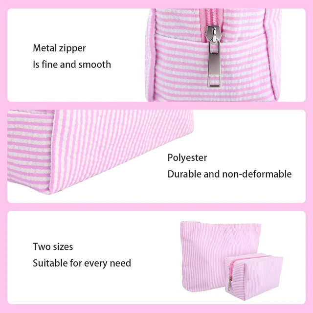 Alt view image 3 of 6 - 2 Pcs Seersucker Makeup Bag Set for Women,Pink Striped Cosmetic Pouch with Zipper,Travel Toiletry Bag and Small Makeup Pouch, Aesthetic Skincare Organizer for Cosmetics,Brushes,Accessories(Rose Pink)