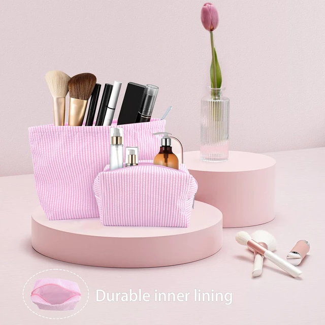 Alt view image 6 of 6 - 2 Pcs Seersucker Makeup Bag Set for Women,Pink Striped Cosmetic Pouch with Zipper,Travel Toiletry Bag and Small Makeup Pouch, Aesthetic Skincare Organizer for Cosmetics,Brushes,Accessories(Rose Pink)