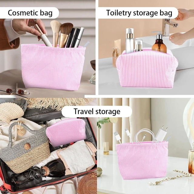 Alt view image 5 of 6 - 2 Pcs Seersucker Makeup Bag Set for Women,Pink Striped Cosmetic Pouch with Zipper,Travel Toiletry Bag and Small Makeup Pouch, Aesthetic Skincare Organizer for Cosmetics,Brushes,Accessories(Rose Pink)