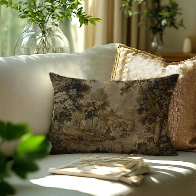 Alt view image 3 of 6 - Vintage French Country European Forest Landscape Pillow Cover 20x12 Double-Sided, Forest Landscape Botanical Decorative Throw Pillow Cover for Couch Bed Bedroom Living Room