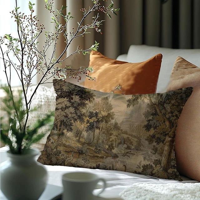 Alt view image 6 of 6 - Vintage French Country European Forest Landscape Pillow Cover 20x12 Double-Sided, Forest Landscape Botanical Decorative Throw Pillow Cover for Couch Bed Bedroom Living Room
