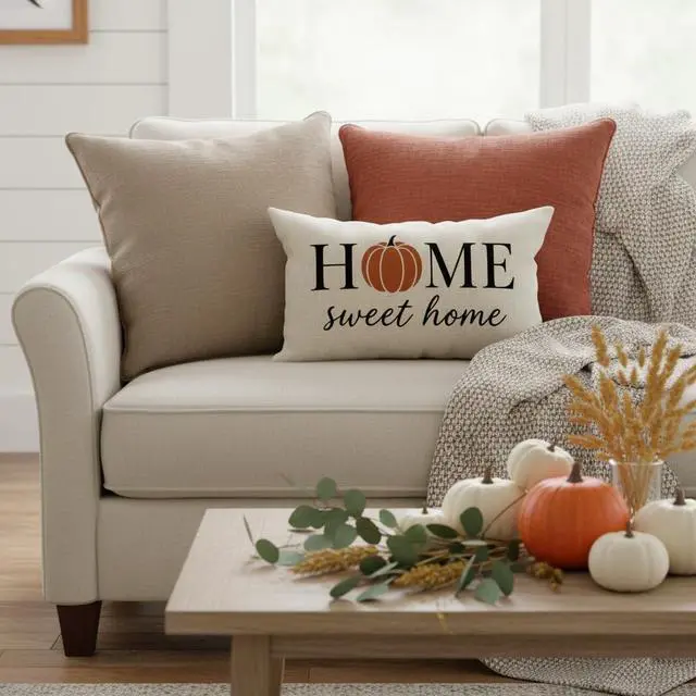Alt view image 6 of 7 - Fall Pillow Covers 12x20, Home Sweet Home Pumpkin Decor, Cream