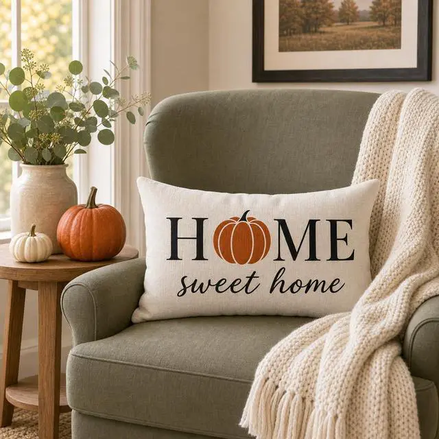Alt view image 3 of 7 - Fall Pillow Covers 12x20, Home Sweet Home Pumpkin Decor, Cream
