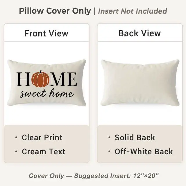 Alt view image 4 of 7 - Fall Pillow Covers 12x20, Home Sweet Home Pumpkin Decor, Cream