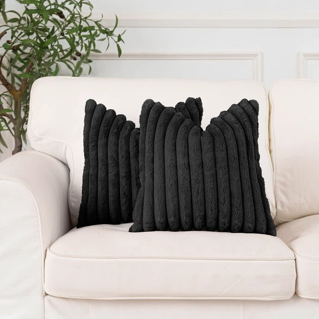 Alt view image 2 of 7 - Faux Fur Black Throw Pillow Covers 18x18 Inch Set of 2, Soft Decorative Plush Cushion Cases for Sofa, Couch, Bed, Chair Modern Luxury Home Decor