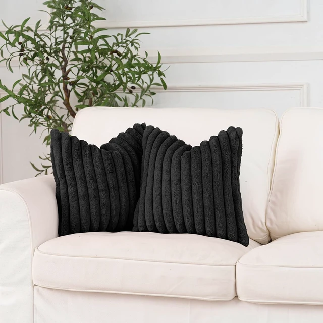 Alt view image 3 of 7 - Faux Fur Black Throw Pillow Covers 18x18 Inch Set of 2, Soft Decorative Plush Cushion Cases for Sofa, Couch, Bed, Chair Modern Luxury Home Decor