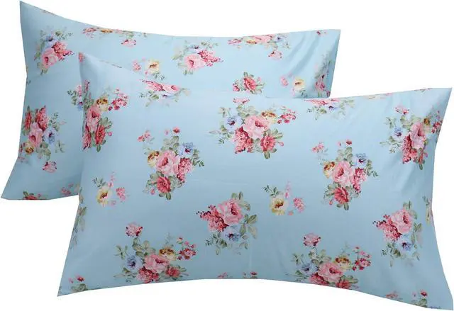 Main image of 2 Pack Queen Floral Bed Pillow Pillowcases, 100% Cotton Blue Soft Standard Size Pillow Covers with Envelope Closure