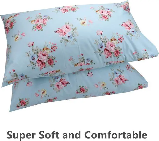 Alt view image 4 of 6 - 2 Pack Queen Floral Bed Pillow Pillowcases, 100% Cotton Blue Soft Standard Size Pillow Covers with Envelope Closure