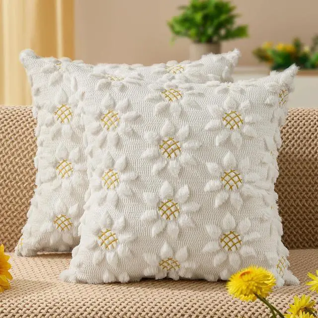 Main image of Spring Summer Pillow Covers 18x18 inch Set of 2 Farmhouse Decor Yellow Color Flower Heart Sunflower Soft Plush Faux Fur Jacquard Throw Pillows for Sofa Holiday Spring Home Decor PTK024C18