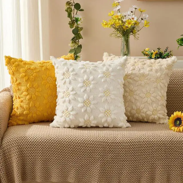Alt view image 2 of 6 - Spring Summer Pillow Covers 18x18 inch Set of 2 Farmhouse Decor Yellow Color Flower Heart Sunflower Soft Plush Faux Fur Jacquard Throw Pillows for Sofa Holiday Spring Home Decor PTK024C18