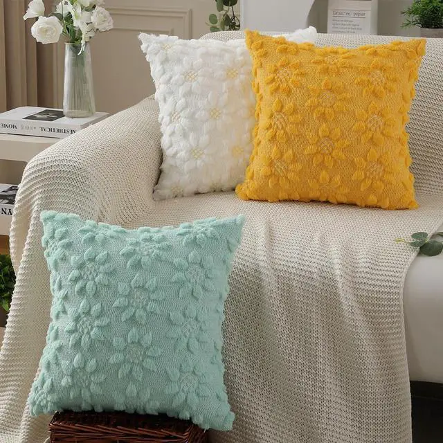 Alt view image 5 of 6 - Spring Summer Pillow Covers 18x18 inch Set of 2 Farmhouse Decor Yellow Color Flower Heart Sunflower Soft Plush Faux Fur Jacquard Throw Pillows for Sofa Holiday Spring Home Decor PTK024C18