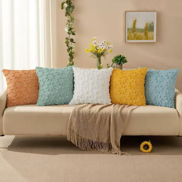 Alt view image 6 of 6 - Spring Summer Pillow Covers 18x18 inch Set of 2 Farmhouse Decor Yellow Color Flower Heart Sunflower Soft Plush Faux Fur Jacquard Throw Pillows for Sofa Holiday Spring Home Decor PTK024C18