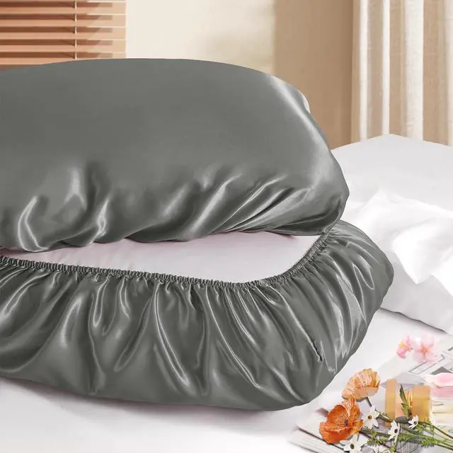 Main image of Grey Satin Pillowcases, Elastic Band Standard Queen Size