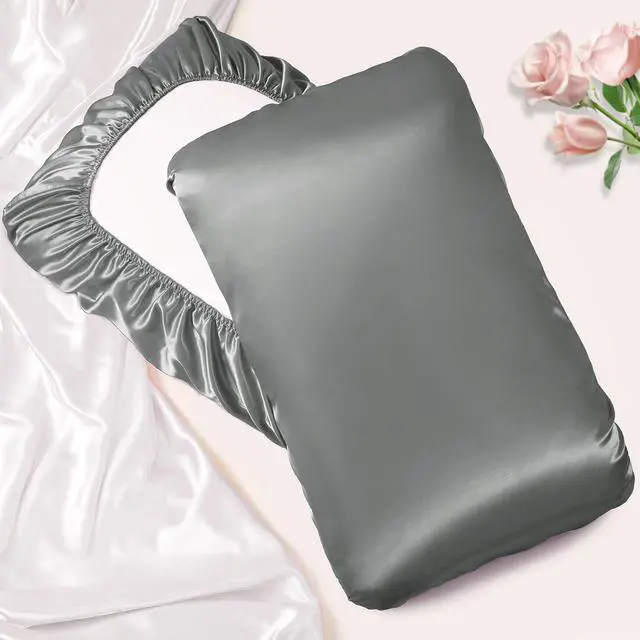 Alt view image 2 of 7 - Grey Satin Pillowcases, Elastic Band Standard Queen Size