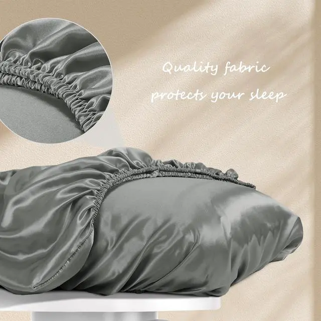 Alt view image 3 of 7 - Grey Satin Pillowcases, Elastic Band Standard Queen Size
