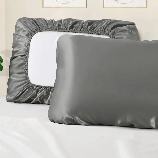 Alt view image 4 of 7 - Grey Satin Pillowcases, Elastic Band Standard Queen Size