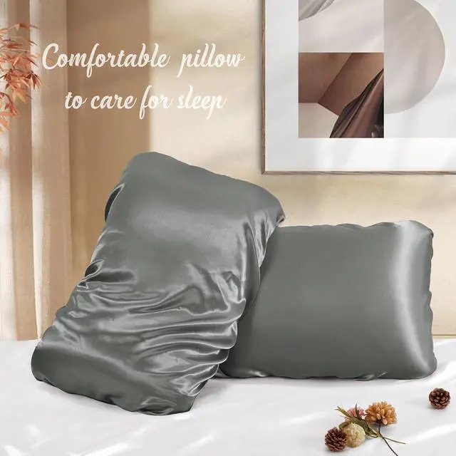 Alt view image 5 of 7 - Grey Satin Pillowcases, Elastic Band Standard Queen Size