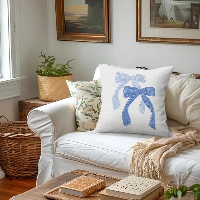 Alt view image 4 of 7 - Light Blue Bow Room Decor Pillow Cover 18x18 for College Girls