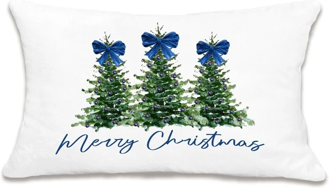 Main image of Coquette Blue Bow Christmas Tree Lumbar Pillow Covers 12x20, Coquette Christmas Decor, Blue Preppy Girly Merry Xmas Decorative Throw Pillow Covers for Living Room Home Bedroom