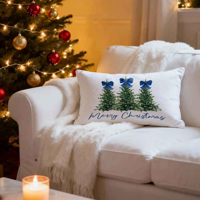Alt view image 3 of 7 - Coquette Blue Bow Christmas Tree Lumbar Pillow Covers 12x20, Coquette Christmas Decor, Blue Preppy Girly Merry Xmas Decorative Throw Pillow Covers for Living Room Home Bedroom