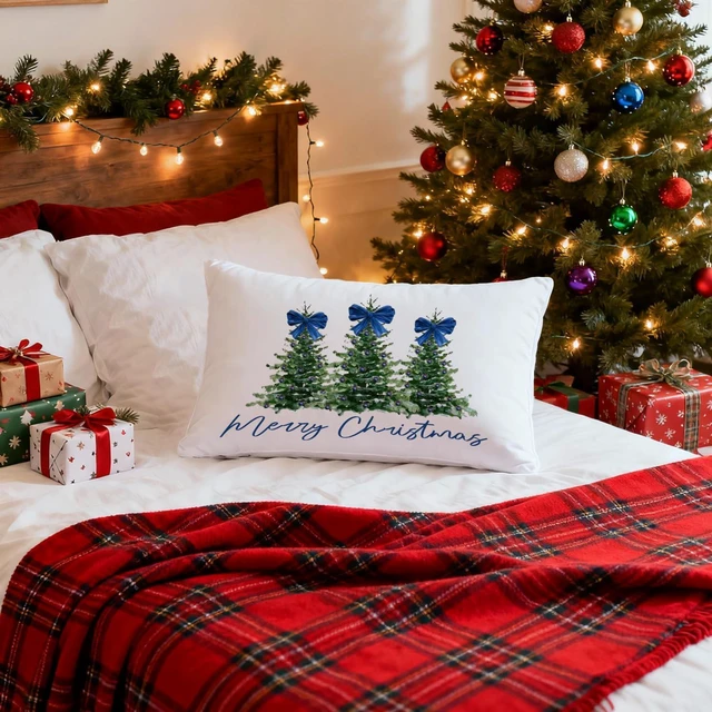Alt view image 4 of 7 - Coquette Blue Bow Christmas Tree Lumbar Pillow Covers 12x20, Coquette Christmas Decor, Blue Preppy Girly Merry Xmas Decorative Throw Pillow Covers for Living Room Home Bedroom