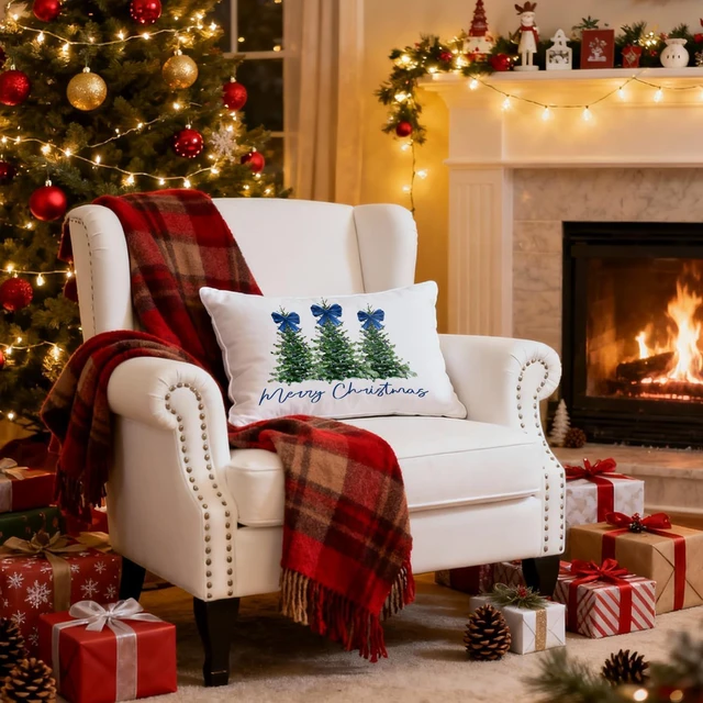 Alt view image 5 of 7 - Coquette Blue Bow Christmas Tree Lumbar Pillow Covers 12x20, Coquette Christmas Decor, Blue Preppy Girly Merry Xmas Decorative Throw Pillow Covers for Living Room Home Bedroom