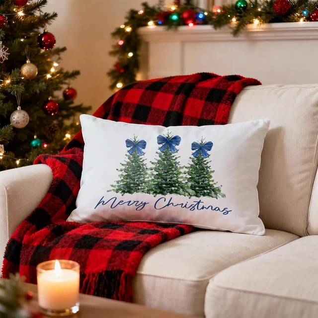 Alt view image 6 of 7 - Coquette Blue Bow Christmas Tree Lumbar Pillow Covers 12x20, Coquette Christmas Decor, Blue Preppy Girly Merry Xmas Decorative Throw Pillow Covers for Living Room Home Bedroom