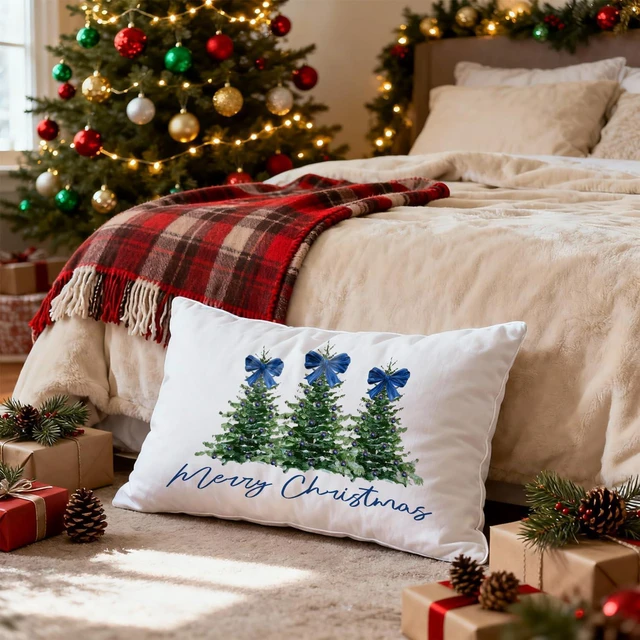 Alt view image 7 of 7 - Coquette Blue Bow Christmas Tree Lumbar Pillow Covers 12x20, Coquette Christmas Decor, Blue Preppy Girly Merry Xmas Decorative Throw Pillow Covers for Living Room Home Bedroom