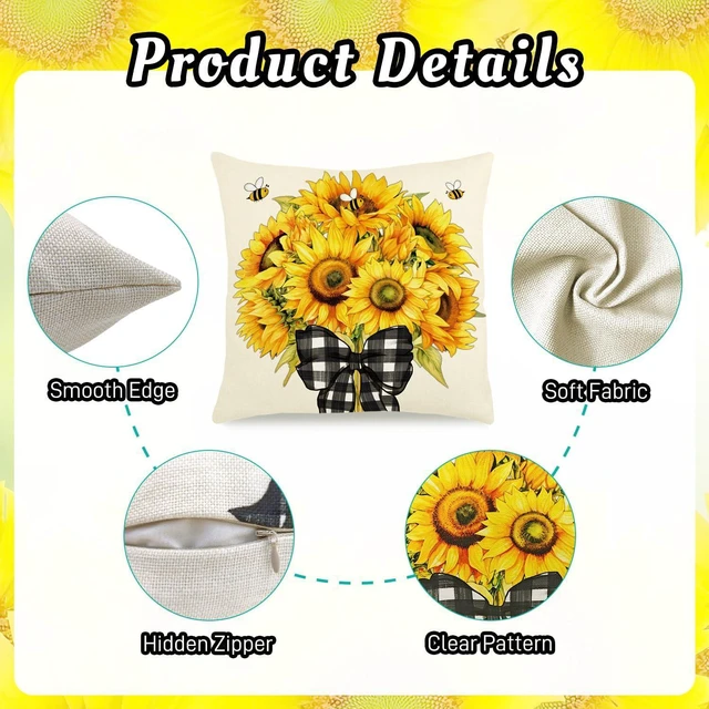 Alt view image 3 of 7 - Summer Pillow Covers 18x18 Inch Sunflower Bee Throw Pillowcase Set of 4