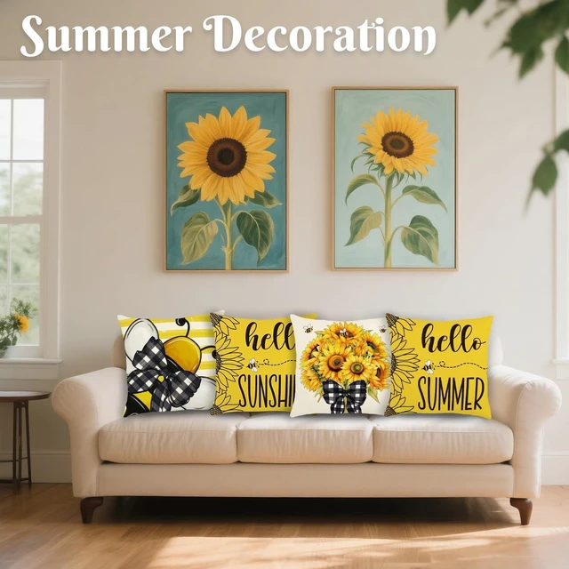 Alt view image 4 of 7 - Summer Pillow Covers 18x18 Inch Sunflower Bee Throw Pillowcase Set of 4