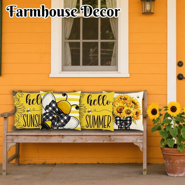 Alt view image 6 of 7 - Summer Pillow Covers 18x18 Inch Sunflower Bee Throw Pillowcase Set of 4