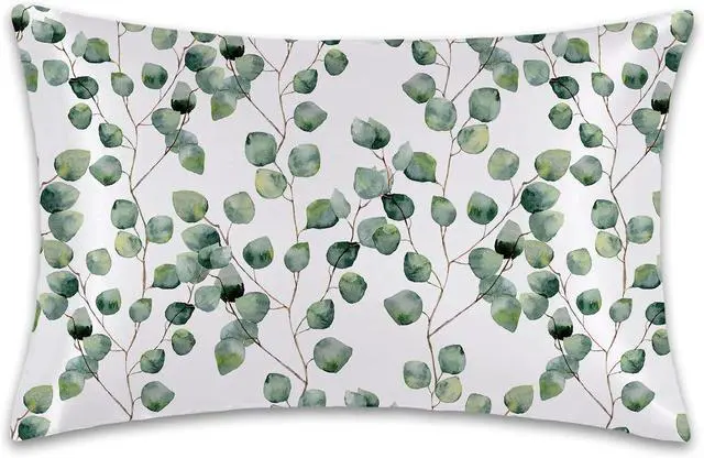 Main image of 1 Pack Satin Pillowcase for Hair and Skin Eucalyptus Leaves Sage Green Imitation Silk Pillowcase 20" x 30" with Hidden Zipper Soft Smooth Plants Pillow Cover Queen Size for Bedroom Sofa
