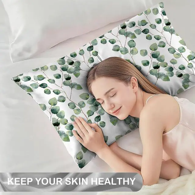 Alt view image 3 of 7 - 1 Pack Satin Pillowcase for Hair and Skin Eucalyptus Leaves Sage Green Imitation Silk Pillowcase 20" x 30" with Hidden Zipper Soft Smooth Plants Pillow Cover Queen Size for Bedroom Sofa