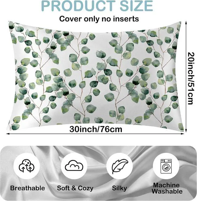 Alt view image 2 of 7 - 1 Pack Satin Pillowcase for Hair and Skin Eucalyptus Leaves Sage Green Imitation Silk Pillowcase 20" x 30" with Hidden Zipper Soft Smooth Plants Pillow Cover Queen Size for Bedroom Sofa