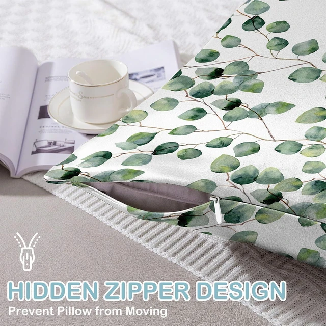 Alt view image 4 of 7 - 1 Pack Satin Pillowcase for Hair and Skin Eucalyptus Leaves Sage Green Imitation Silk Pillowcase 20" x 30" with Hidden Zipper Soft Smooth Plants Pillow Cover Queen Size for Bedroom Sofa
