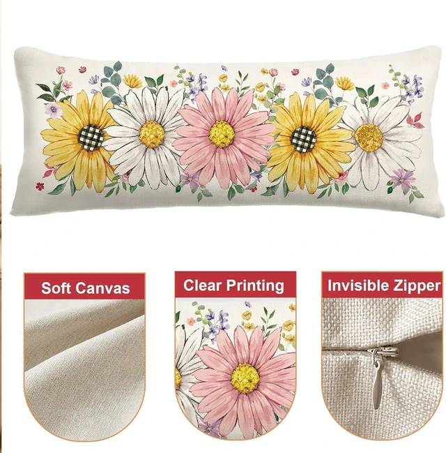 Alt view image 5 of 6 - Spring Summer Floral Pillow Cover 14x36 Inch,Sunflower Daisy Flowers Lumbar Extra Long Pillow Case Home Bed Cushion Sofa Couch Indoor Decoration 1 Piece