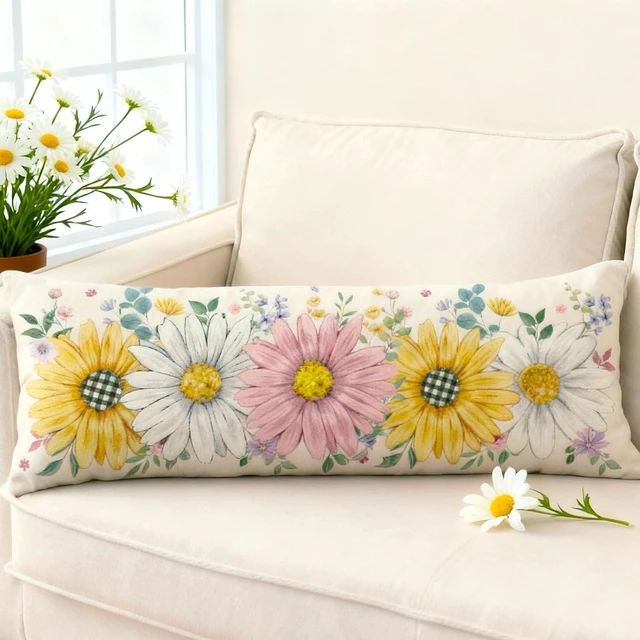 Alt view image 4 of 6 - Spring Summer Floral Pillow Cover 14x36 Inch,Sunflower Daisy Flowers Lumbar Extra Long Pillow Case Home Bed Cushion Sofa Couch Indoor Decoration 1 Piece